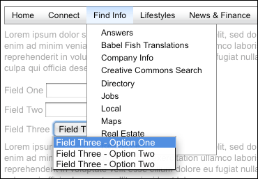 Screen capture of an open HTML select-based menu poking through the submenu of a menu created using the MenuNav Node Plugin